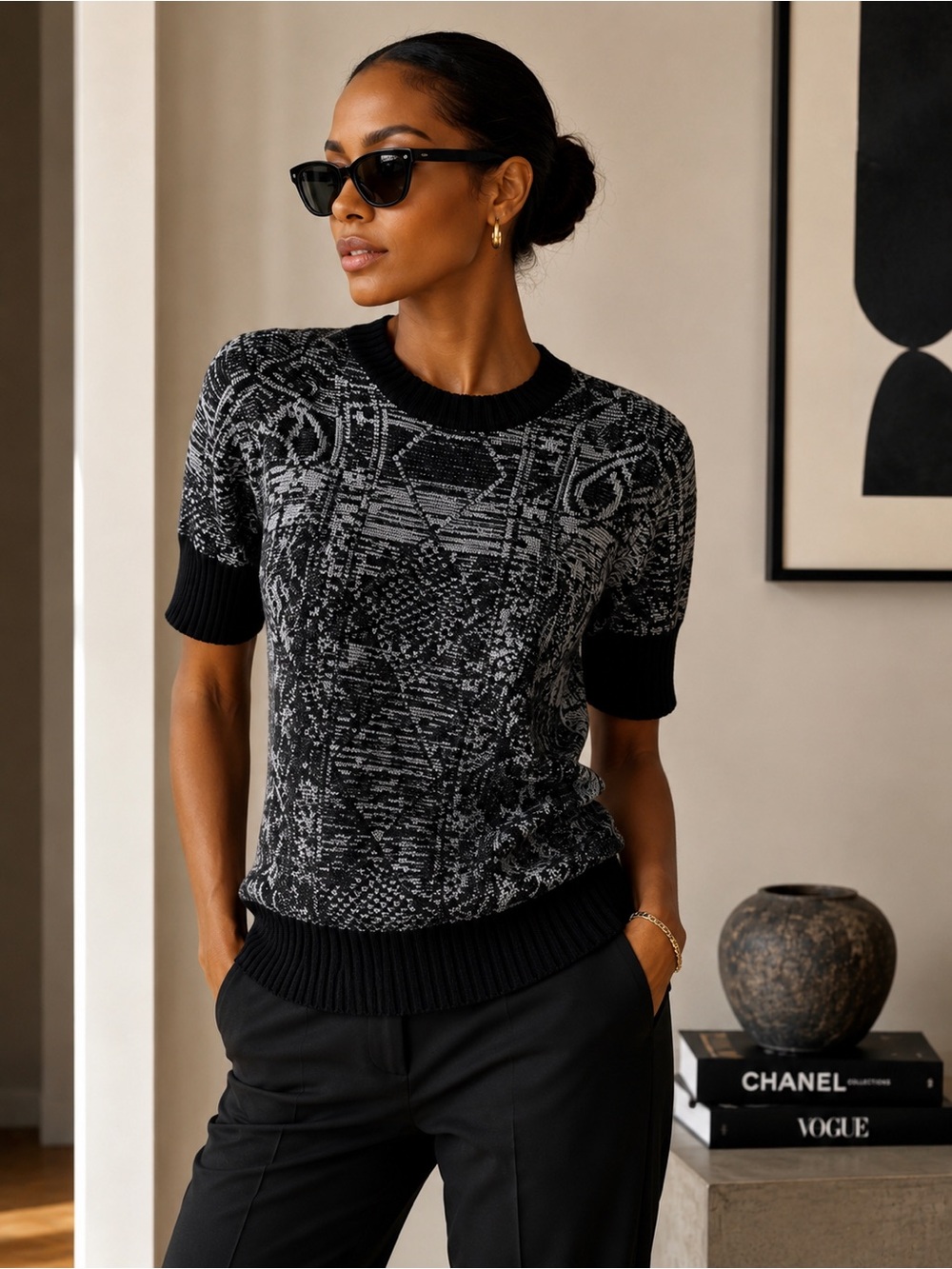 The Oula Merino Wool Geometric Short Sleeve Sweater Black Gray L